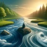 La Aceptación: Qué es y cómo trabajarla. DALL·E 2024-06-11 10.33.15 – A peaceful scene of a flowing river with both calm and turbulent sections, symbolizing the acceptance of all emotions. On one side, a person sits calm
